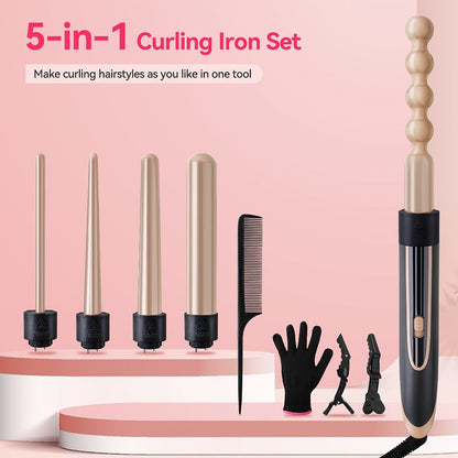 5-in-1 Curling Wand Set Ceramic Interchangeable Barrels 0.4-1.25 Inch – 30s Fast Heat, for Home, Travel and Salon Hair Styling