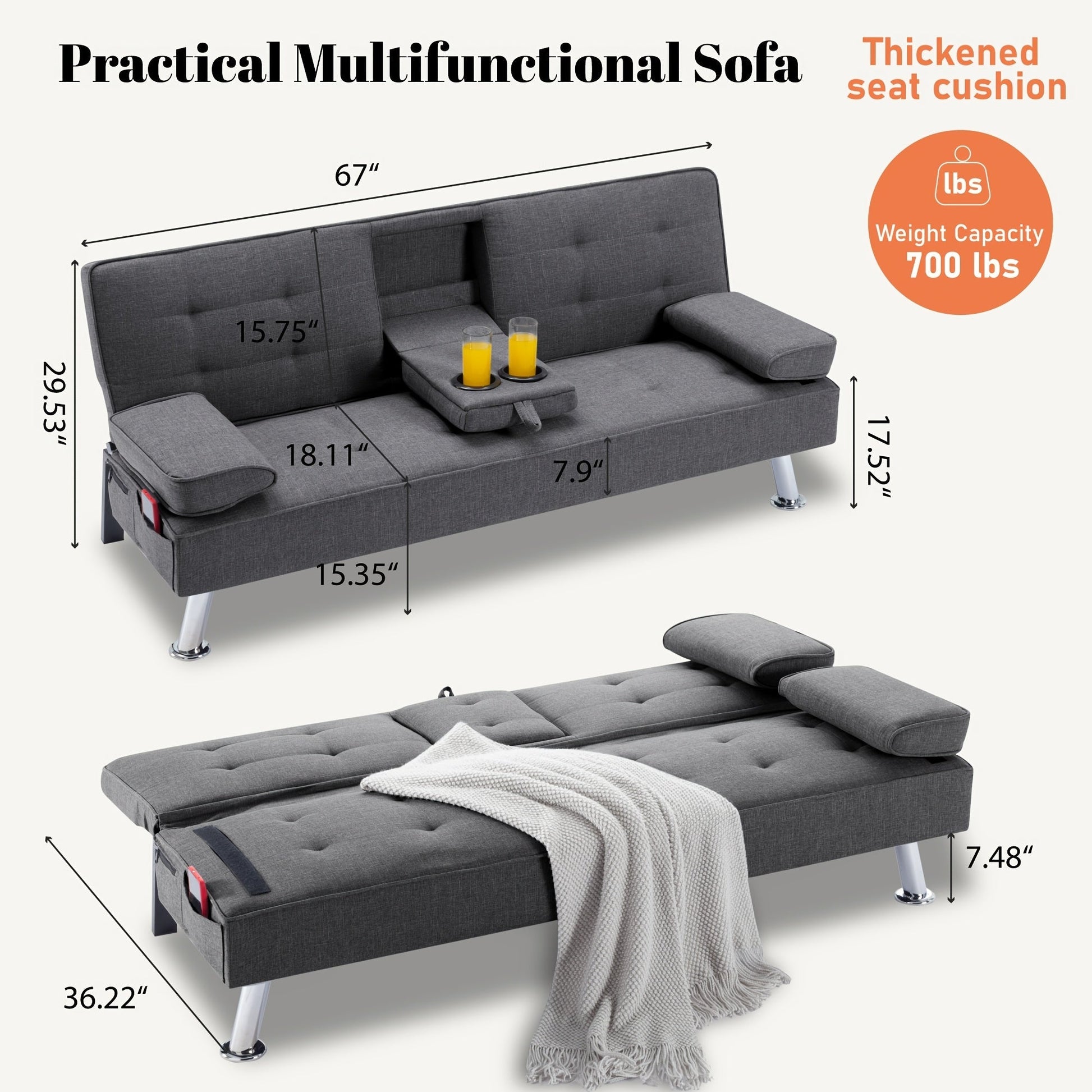 Futon Sofa Bed shown in the Dark Gray option