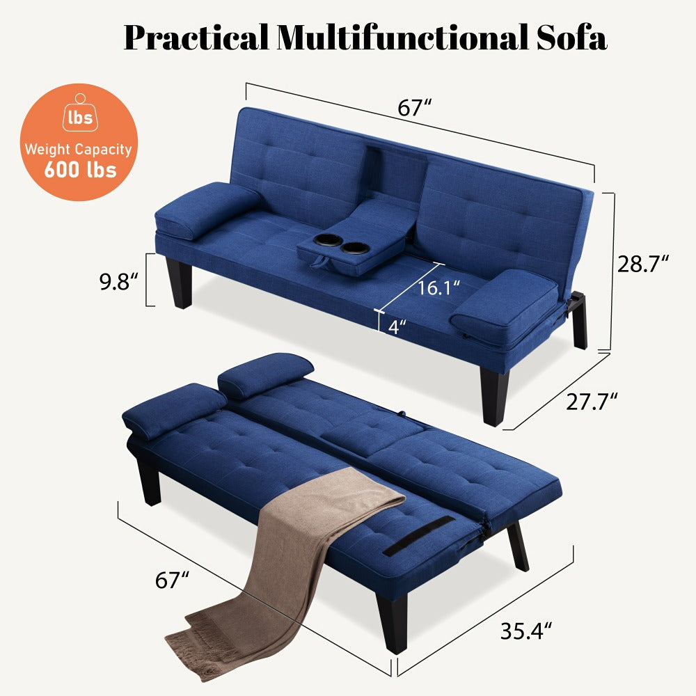 67-Inch Futon Sofa Bed with Fold-Out Lounger and Adjustable Backrest detail image - detail view 14