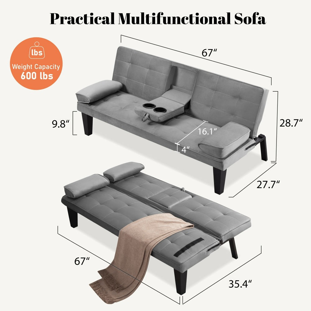 67-Inch Futon Sofa Bed with Fold-Out Lounger and Adjustable Backrest detail image - detail view 8