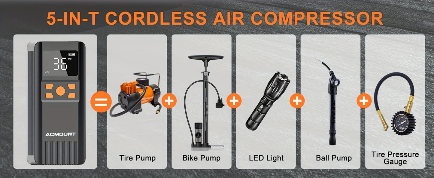 Portable Tire Inflator Cordless Air Compressor – 150PSI Fast Inflation, 5000mAh Rechargeable Battery, Digital Pressure Gauge, LED Light