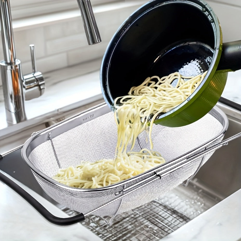 Stainless Steel Colander Expandable Fine Mesh Drain Basket Strainer for Vegetables Fruits for Home Cooking, Dining and Outdoor Meals