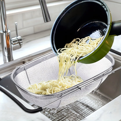 Stainless Steel Colander Expandable Fine Mesh Drain Basket Strainer for Vegetables Fruits for Home Cooking, Dining and Outdoor Meals
