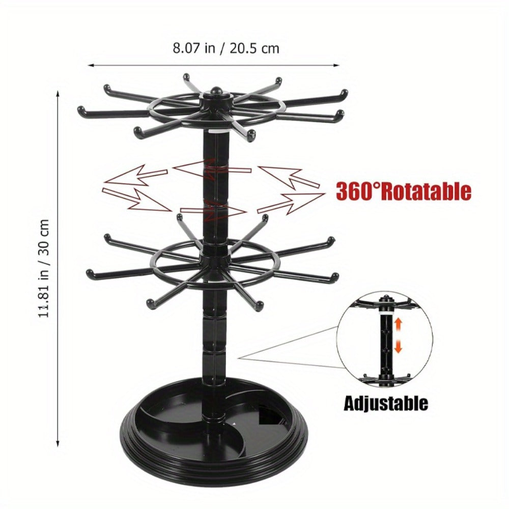 Jewelry Organizer 2-Tier Rotating Black Plastic Stand for Necklaces, Bracelets, Earrings and Keychains