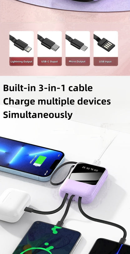 Power Bank 10000mAh Mini with Built-In Cable Set, 5W/15W/22.5W Options, Display and LED Light