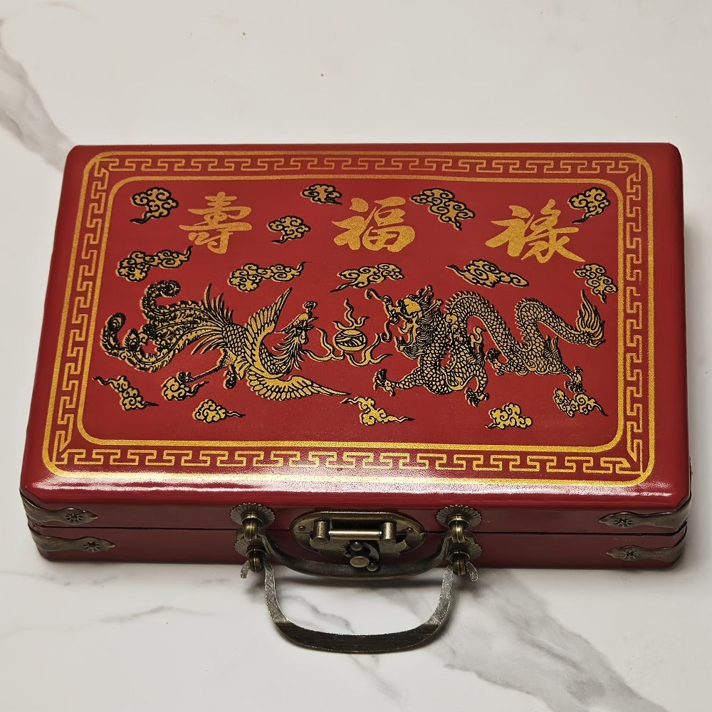 146-Tile Mahjong Set with Chinese Dragon Design – Classic Ivory Style, Durable Vinyl Case, Wind Indicator & Dice | Traditional Chinese