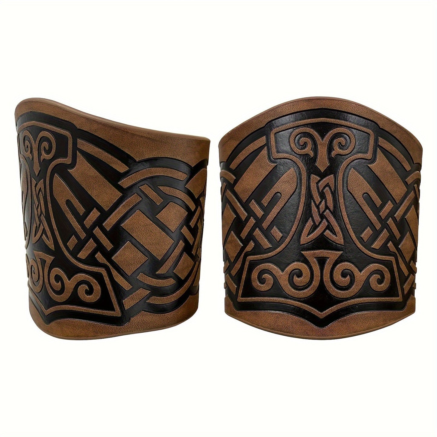 Viking Leather Cuff Bracelet Set 2pcs Norse Mythology Mjolnir Vegvisir Embossed Wristband for Men Women Halloween Gift
