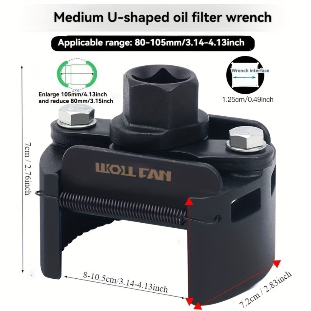 Adjustable Oil Filter Wrench 2-Jaw Reversible – Universal U-Shaped Multi-Function Stainless Steel with Hex Socket & Adjustment Knob