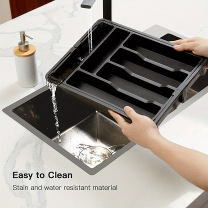 Cutlery Tray Kitchen Organizer Expandable Bamboo Drawer Divider with Labels in Natural, White or Black