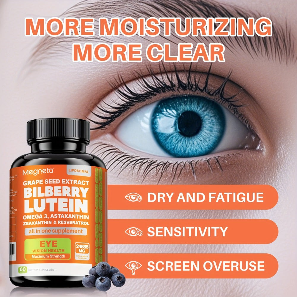 Eye Vitamins with Lutein & Zeaxanthin Capsules, Enhanced with Astaxanthin, Omega-3, Bilberry & Resveratrol for Vision Health Support