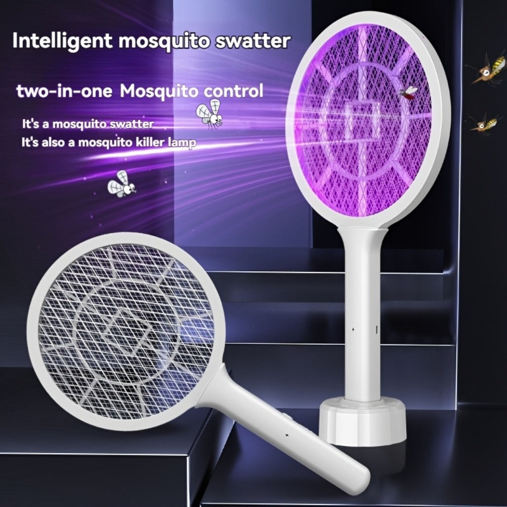 Electric Mosquito Swatter Racket Bug Zapper with LED Night Light & USB Charging, Handheld Insect with Base Stand