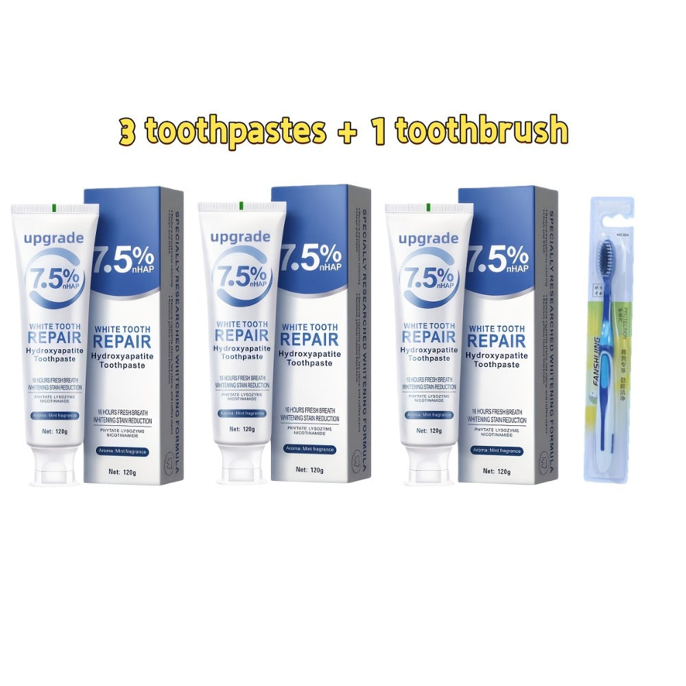 Hydroxyapatite Toothpaste 3-Pack 7.5% Nano Formula Whitening Toothpaste with Toothbrush Teeth for an Everyday Personal Care Routine