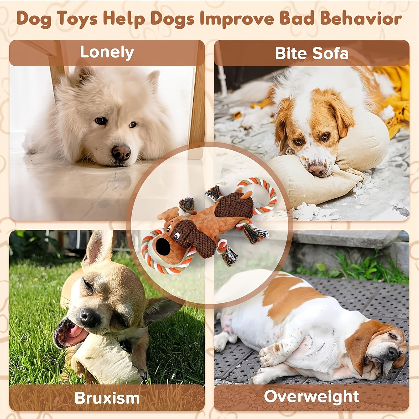 Dog Chew Toys, Squeaky Dog Toys for Aggressive Chewers – Interactive Tug of War Rope Toy, Crinkle Plush Chew Toys