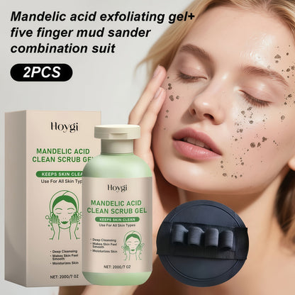 Mandelic Acid AHA Exfoliating Gel & Five-Finger Mud Scrubber Glove 2-Piece Set for Bath Time, Home Spa and Personal Care
