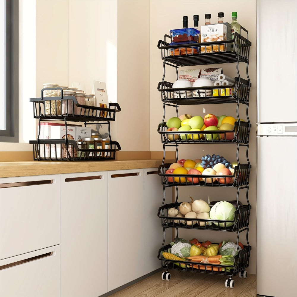6-Tier Stackable Metal Wire Storage Basket Organizer with Wheels – Rolling Kitchen Pantry Rack for Fruits Vegetables Utensils