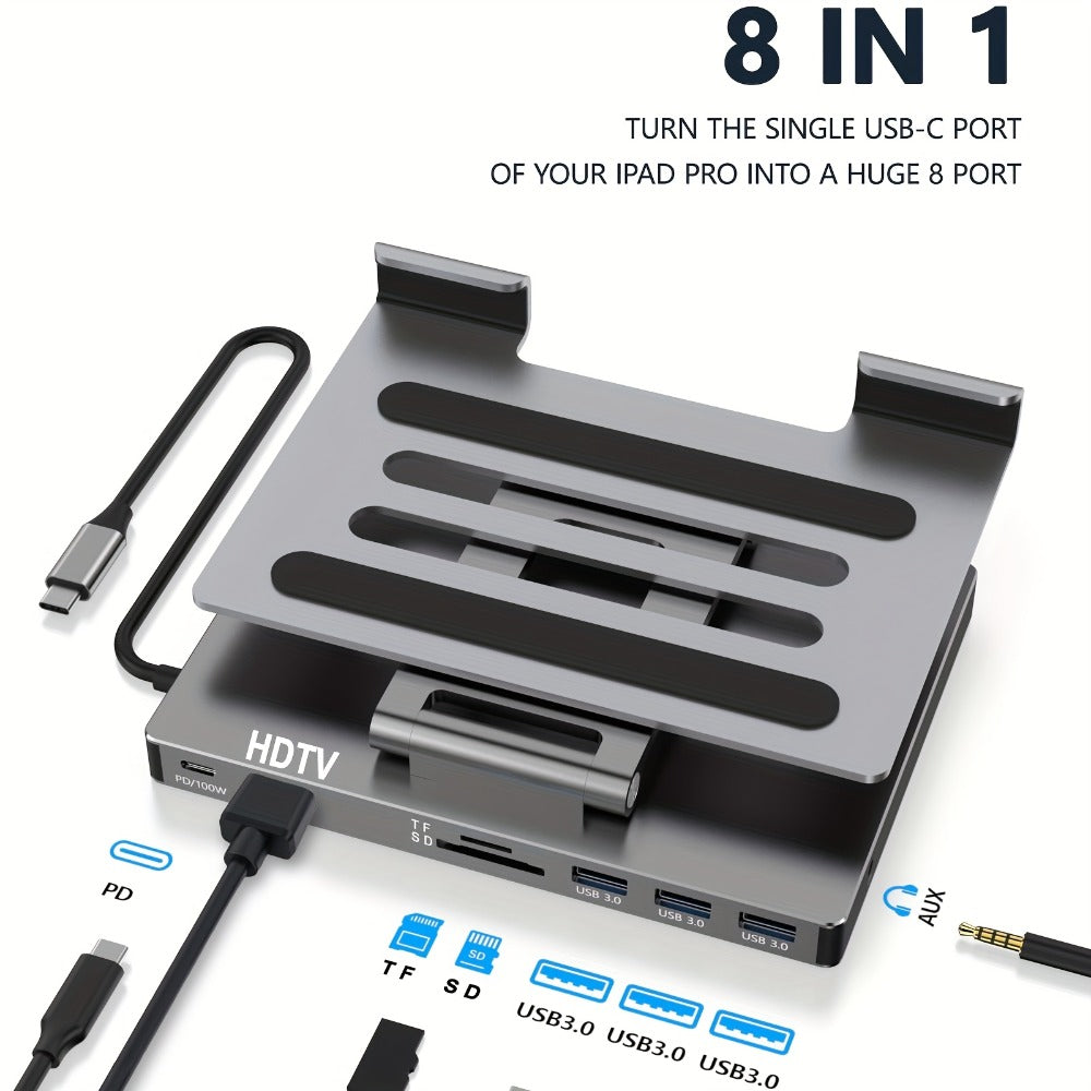 iPad Phone Rotating Stand Docking Station, 4K 60Hz HDMI, Gigabit Ethernet, 100W PD, USB 3.0 Hub, SD/TF Card Reader