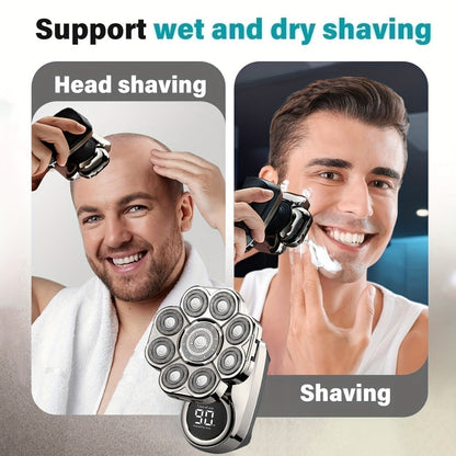 Nine-Head Rotary Electric Shaver Kit with Four Grooming Attachments, LED Display and Silver Finish
