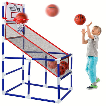 Kids Arcade Basketball Game Set with Hoop & 4 Soft Balls – Indoor Outdoor Sport Play for Ages 3+, Thick PVC Frame