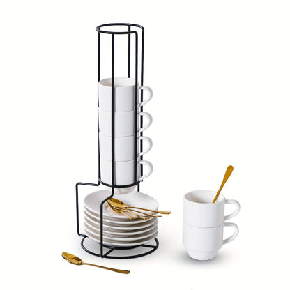 Espresso Cups Set of 6 with Saucers, Spoons & Metal Stand, 4oz Stackable Ceramic Cappuccino Mugs for Double Espresso