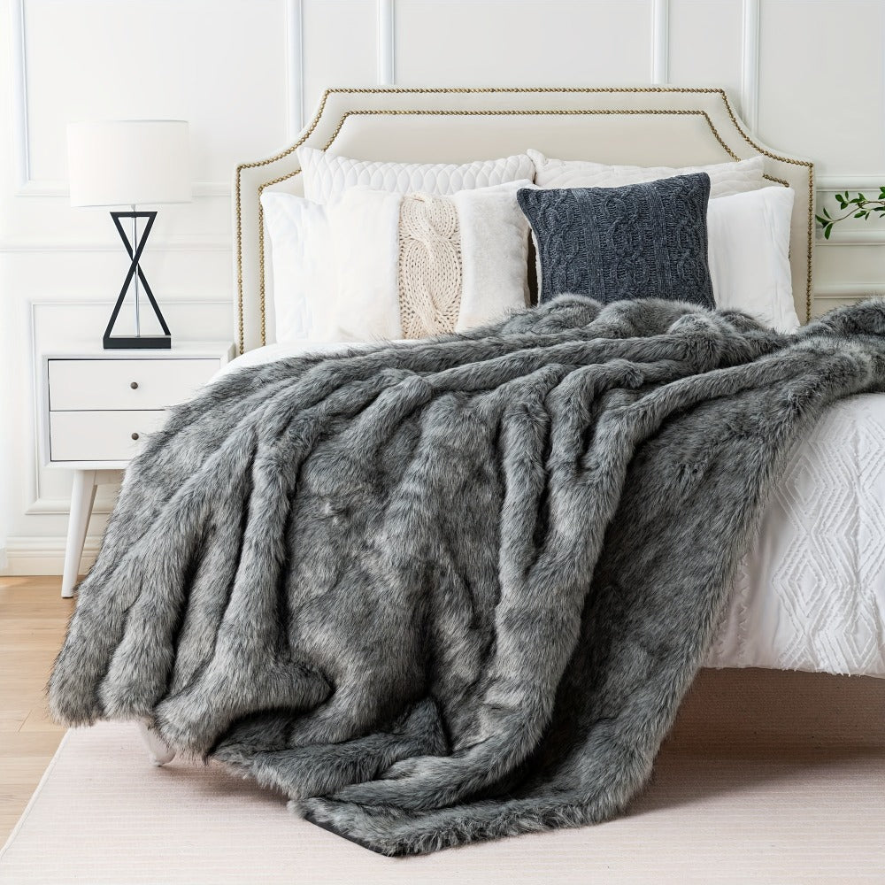Long Hair Fluffy Reversible Plush Velvet Throw Blanket, 300-350gsm Elegant Throw for Couch & Bed