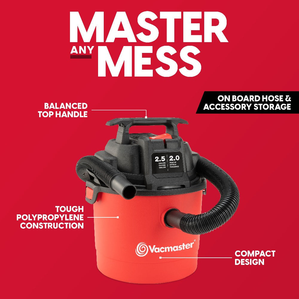 Wet Dry Vacuum Cleaner 2.5 Gallon Shop Vac, Vacmaster 2 Peak HP with Blower Function, Wall Mount & On-Board Storage for Garage