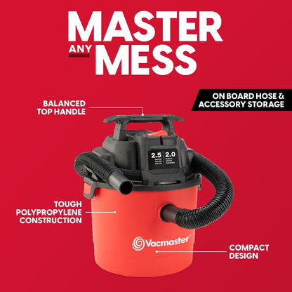 Wet Dry Vacuum Cleaner 2.5 Gallon Shop Vac, Vacmaster 2 Peak HP with Blower Function, Wall Mount & On-Board Storage for Garage