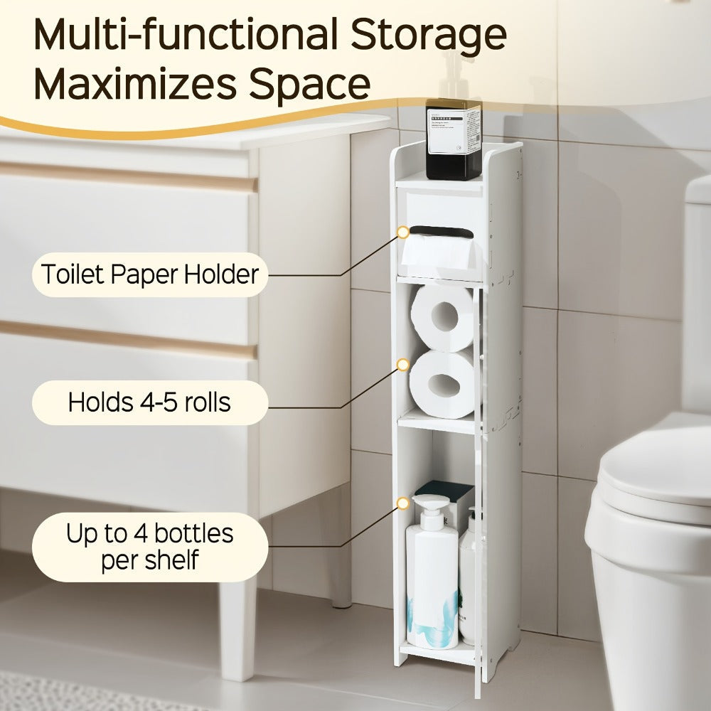 Slim Bathroom Storage Cabinet, PVC Toilet Paper Holder & Organizer for Small Spaces, Easy Assembly