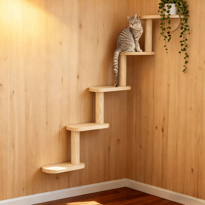 Wall-Mounted Cat Tree 5 Layers Solid Wood Indoor Cat Climbing Frame Jumping Platform Ladder Space-Saving for Small Spaces Multi-Cat Homes