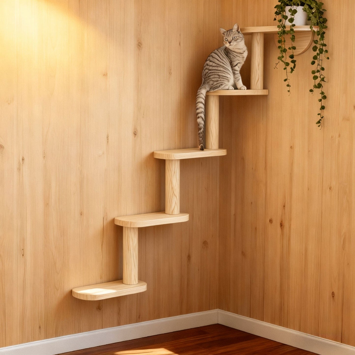 Five-Step Wall-Mounted Cat Tree with 85cm Vertical Wood Frame and Staggered Rectangular Platforms
