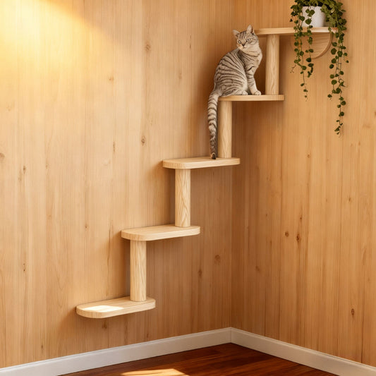 Five-Step Wall-Mounted Cat Tree with 85cm Vertical Wood Frame and Staggered Rectangular Platforms