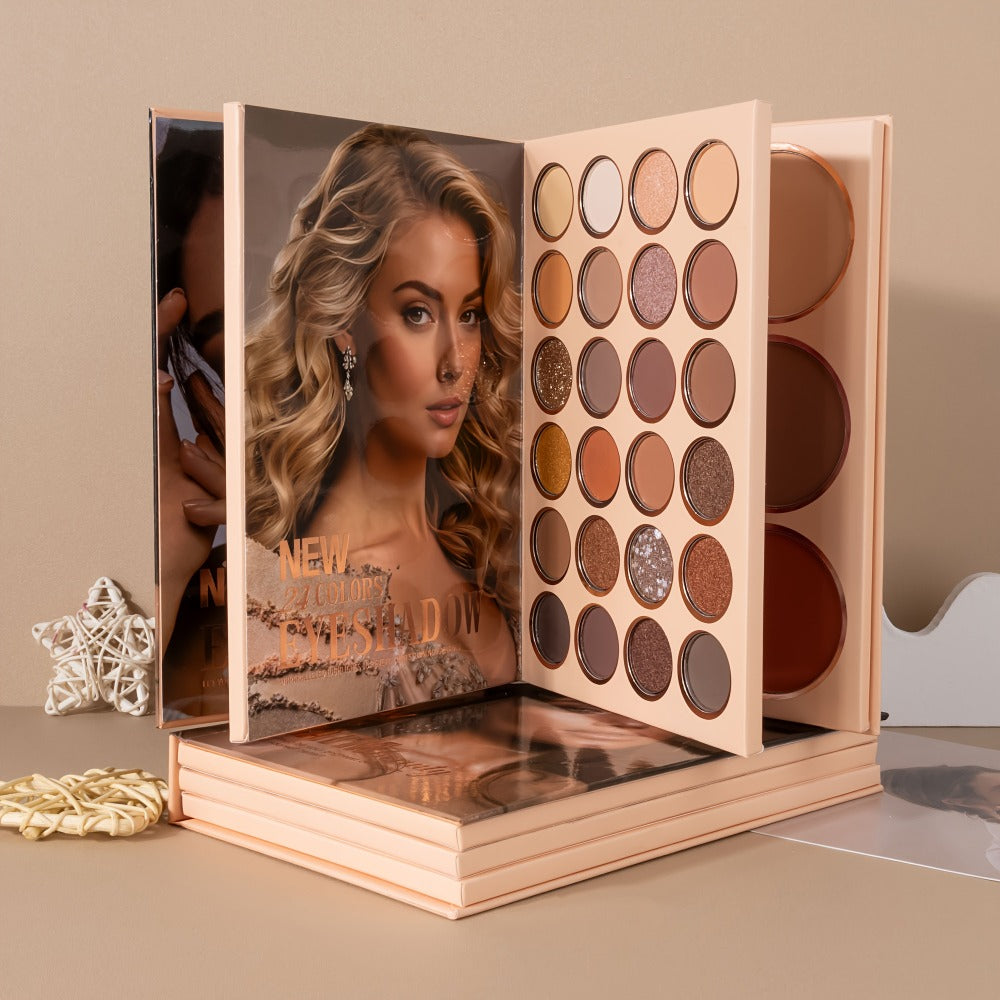 3-in-1 Eyeshadow Blush Highlighter Palette Loose Powder Book-Style Folding Compact Buildable, for Makeup, Travel and Everyday Vanity Use