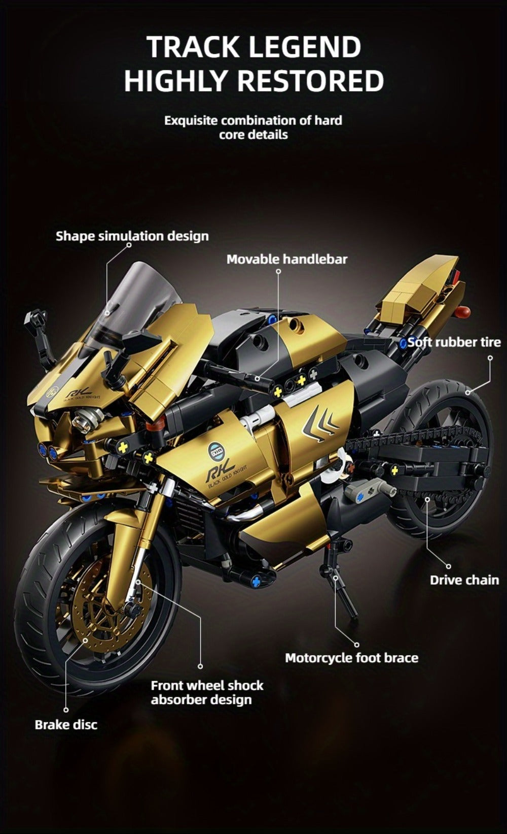 1000PCS Motorcycle Building Blocks 1:10 Scale DIY Black & Gold Motorbike Model Kit – Adult Collector Display Ornament