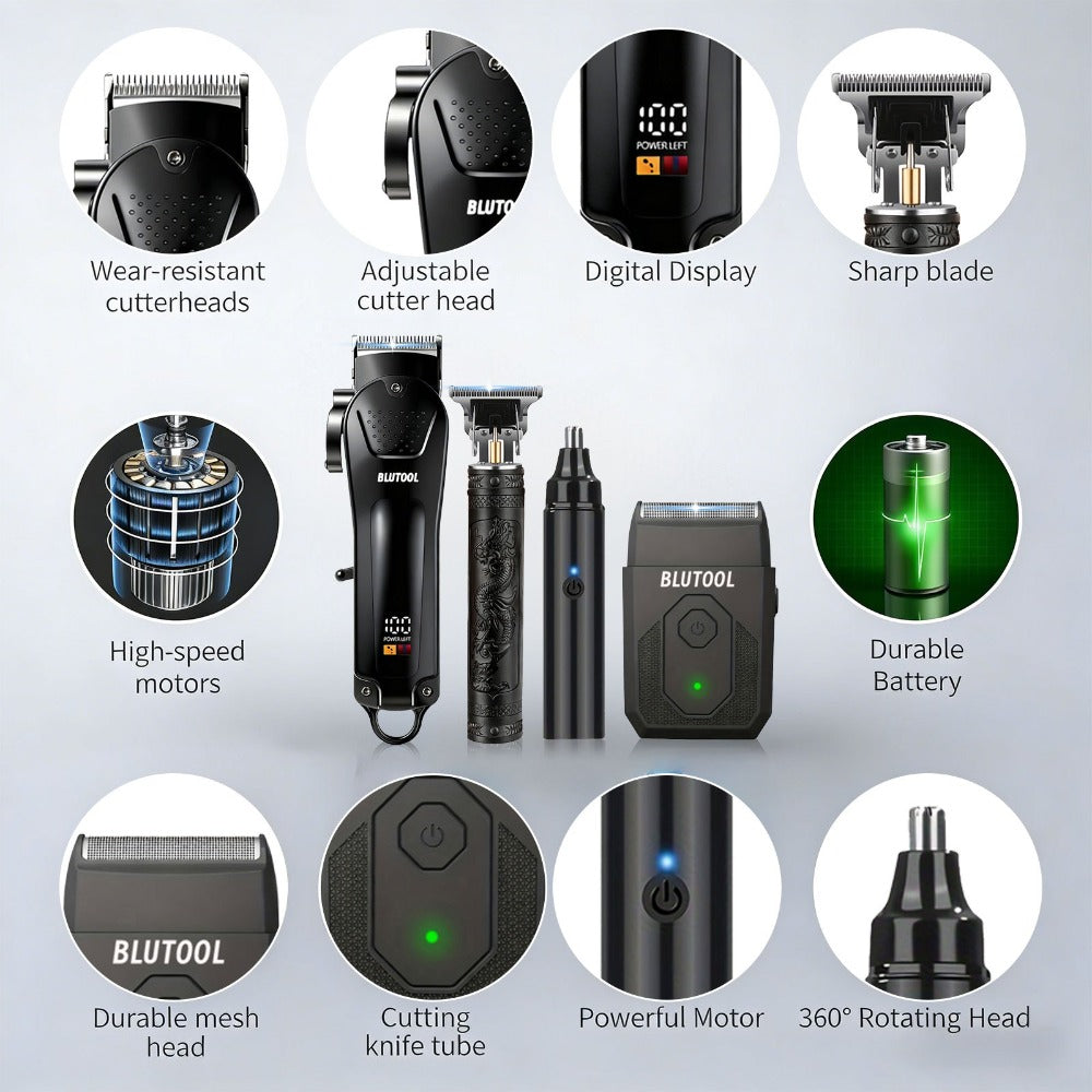 Hair Clipper & Trimmer Set 4-Piece for Men – Professional Barber Kit with Nose Trimmer, Detail Trimmer, Guide Comb