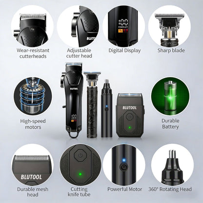 Hair Clipper & Trimmer Set 4-Piece for Men – Professional Barber Kit with Nose Trimmer, Detail Trimmer, Guide Comb