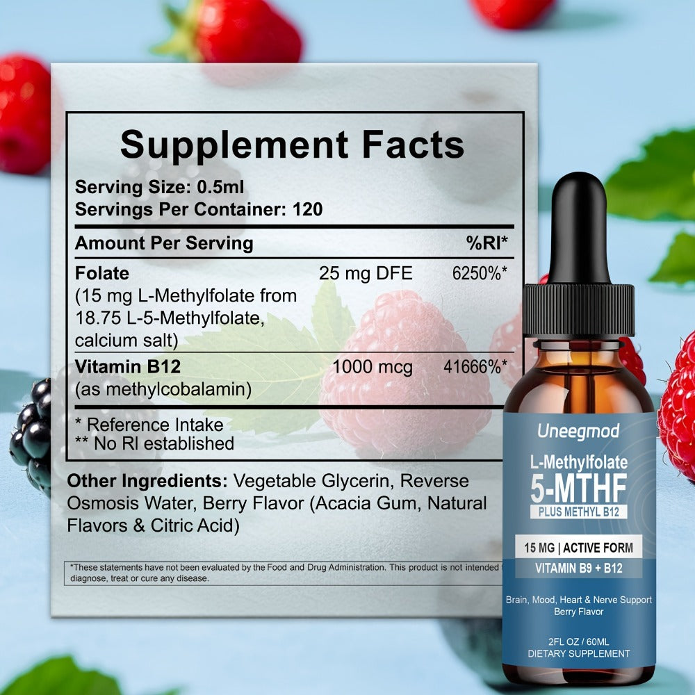 L-Methylfolate 15mg Liquid Drops 2fl oz with Methylated B12, Active 5-MTHF for Brain, Heart & Nervous System Health