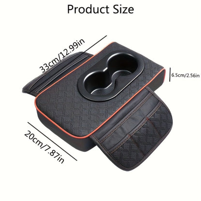 Car Center Console Cover PU Leather – Universal Armrest Box Mat with 2 Cup Holders & 2 Side Pockets, Phone & Card Storage