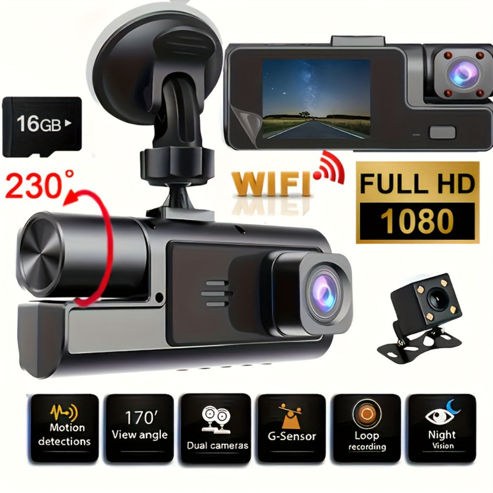 1080P-Labeled Dash Camera with Dual- or Triple-Lens Options, WiFi and 16GB, 32GB or No-Card Bundles