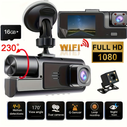 1080P-Labeled Dash Camera with Dual- or Triple-Lens Options, WiFi and 16GB, 32GB or No-Card Bundles