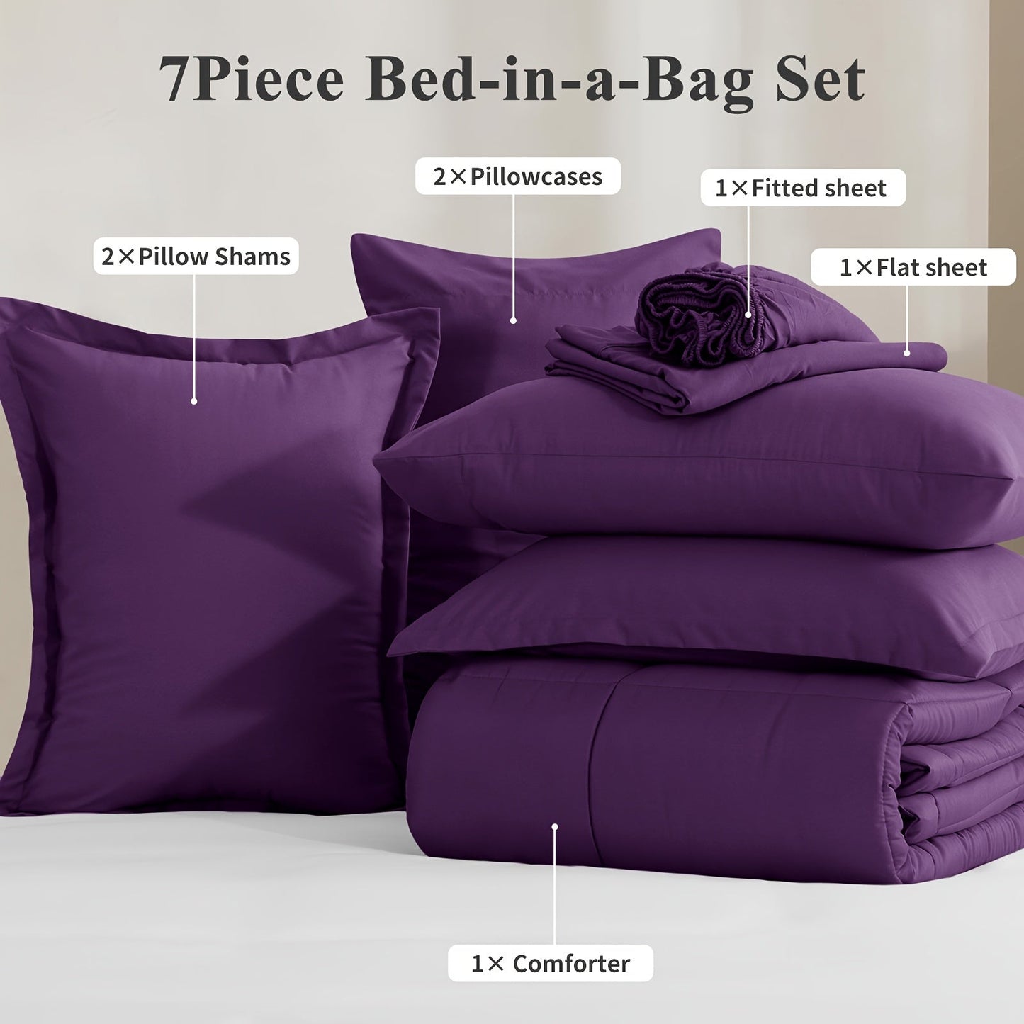 7 Piece Comforter Set Luxury Soft Fluffy Bedding All Season Bed in a Bag with Comforter Fitted Sheet Flat Sheet Pillowcases Hypoallergenic