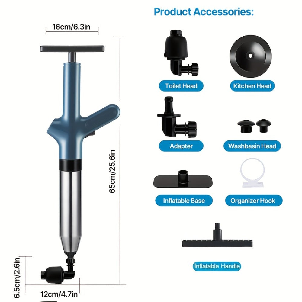 Toilet Plunger Set High Pressure Air Drain Unclogger - Stainless Steel Toilet Snake & Air Discharge Impactor for Clogged Toilet
