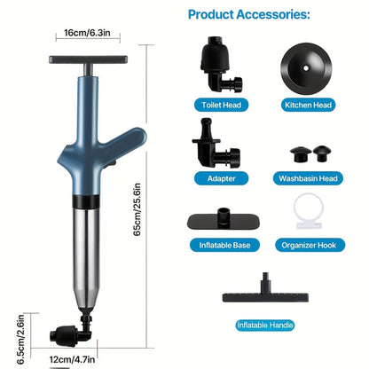 Toilet Plunger Set High Pressure Air Drain Unclogger - Stainless Steel Toilet Snake & Air Discharge Impactor for Clogged Toilet