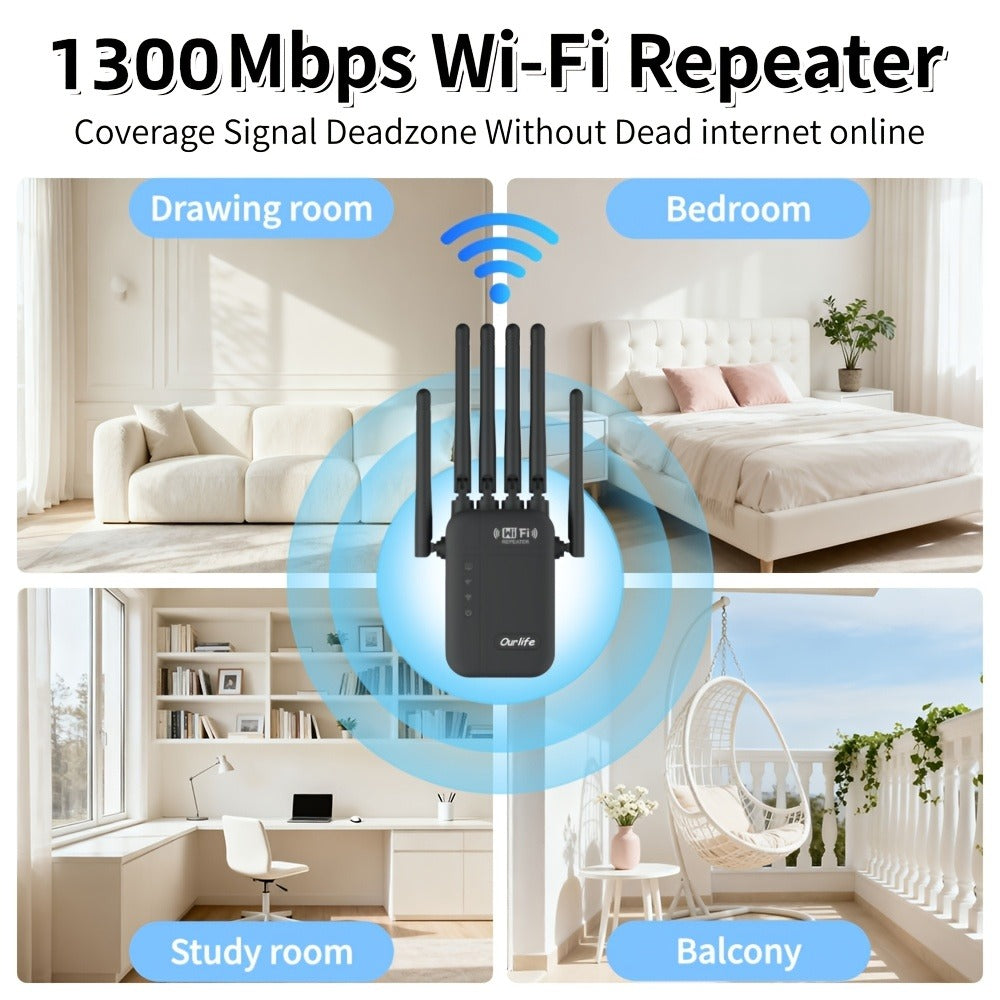 AC1200 WiFi Signal Booster 1200Mbps Dual Band 2-Pack, WiFi Extender Repeater 2.4GHz & 5GHz, Up to 10000 Sq Ft Whole Home Coverage