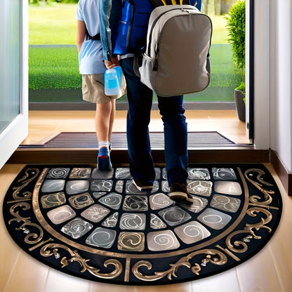 Half-Round Door Mat with Stone Mosaic and Scroll Print in 50 x 80cm or 60 x 90cm Entryway Sizes