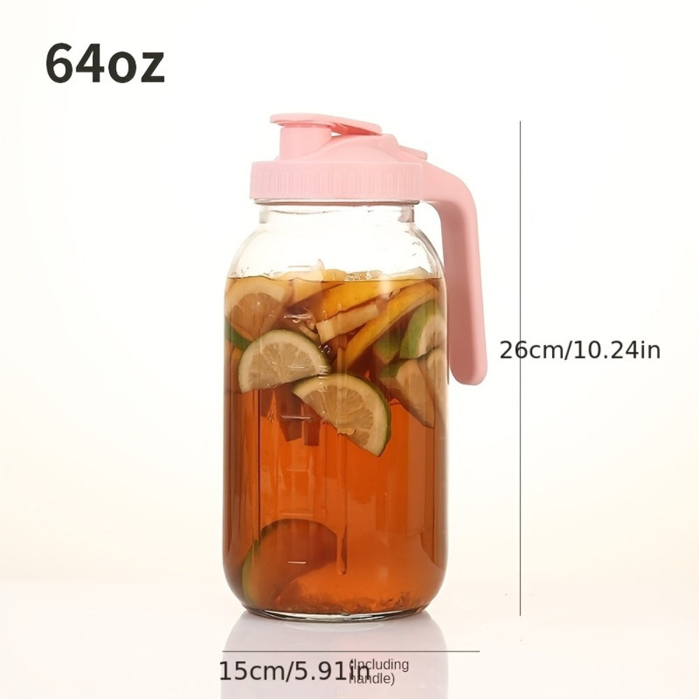 64oz Mason Jar with Handle and Lid 2/3 Pack, Borosilicate Glass Beverage Carafe, Leak-Proof Drinking Jar for Juice