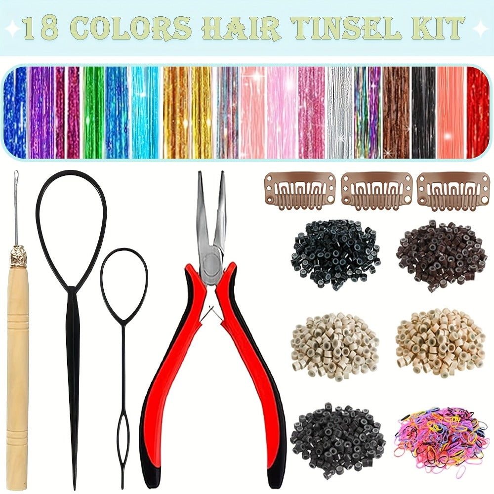 Hair Tinsel Extensions Kit 7700 Strands 18 Glitter Colors 48 Inch – Fairy Hair Tinsel with Micro Beads & Loop Tool for Women Girls Party