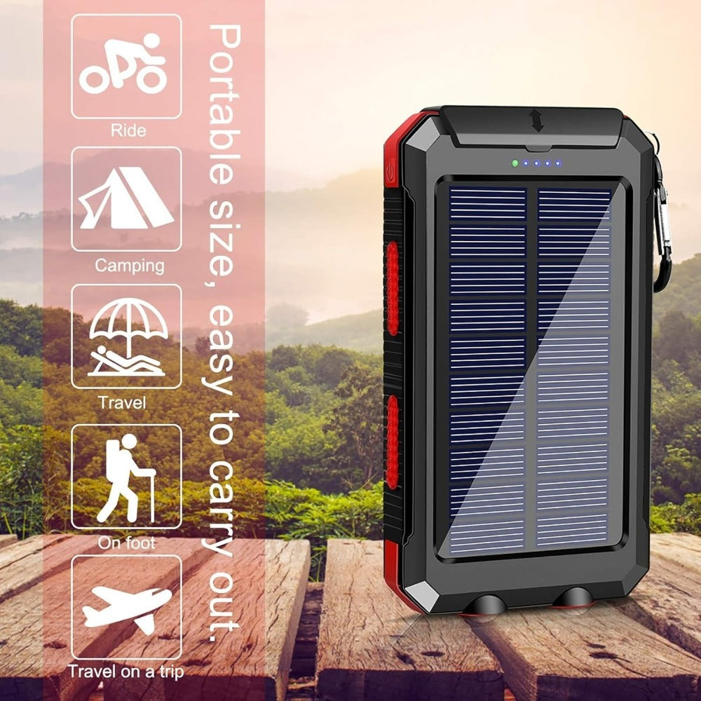 Solar Power Bank 20000mAh Outdoor Portable Charger with LED Flashlight SOS Compass & Carabiner Hook
