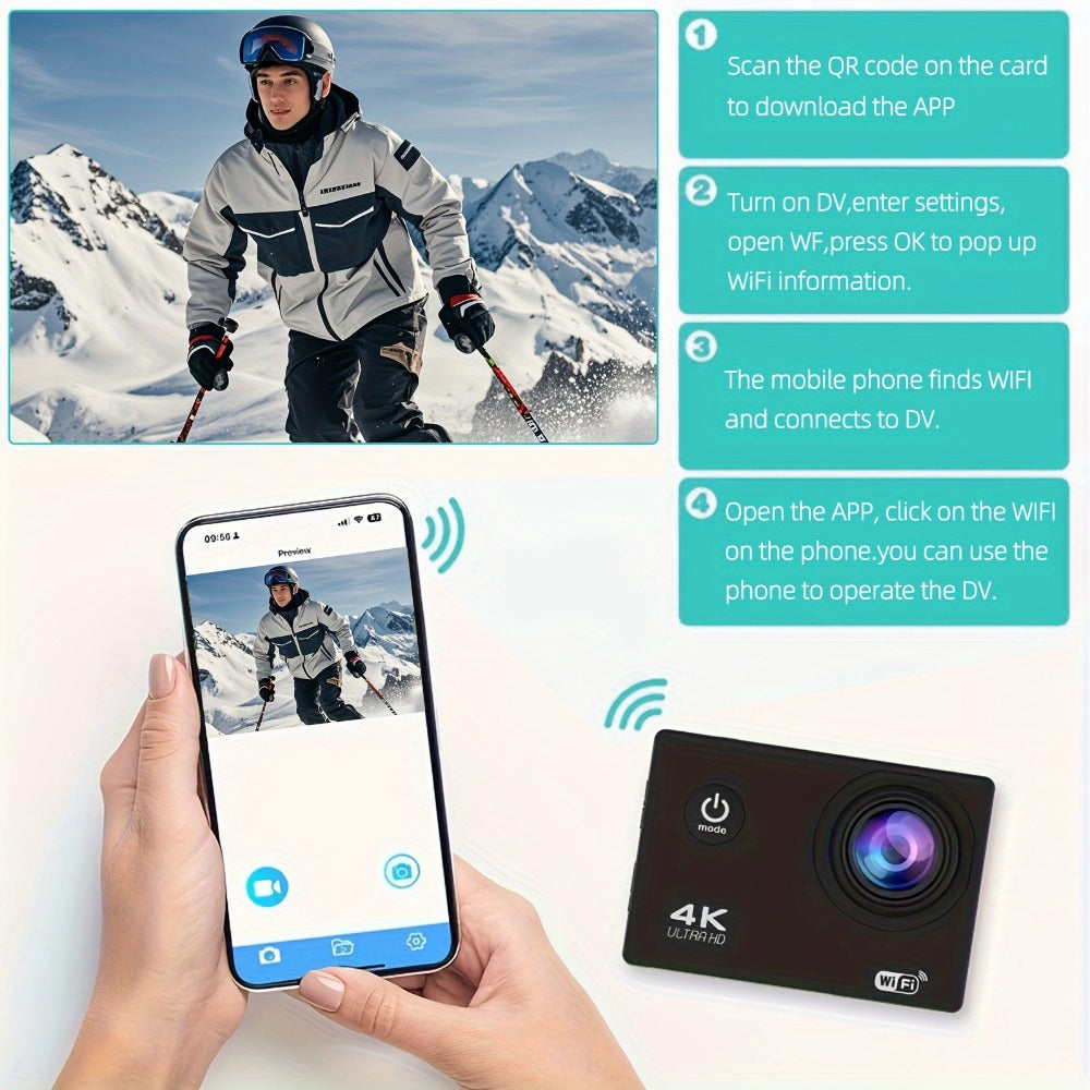4K Sports Action Camera with WiFi, 170° Wide Angle, 32GB Card & Helmet Mount Kit – Pre-Recording, Remote Control, 900mAh Battery, 2" LCD