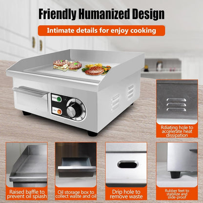 Electric Flat Top Grill 14"/22", Commercial Teppanyaki Griddle, Non-Stick Cast Iron Cooking Surface