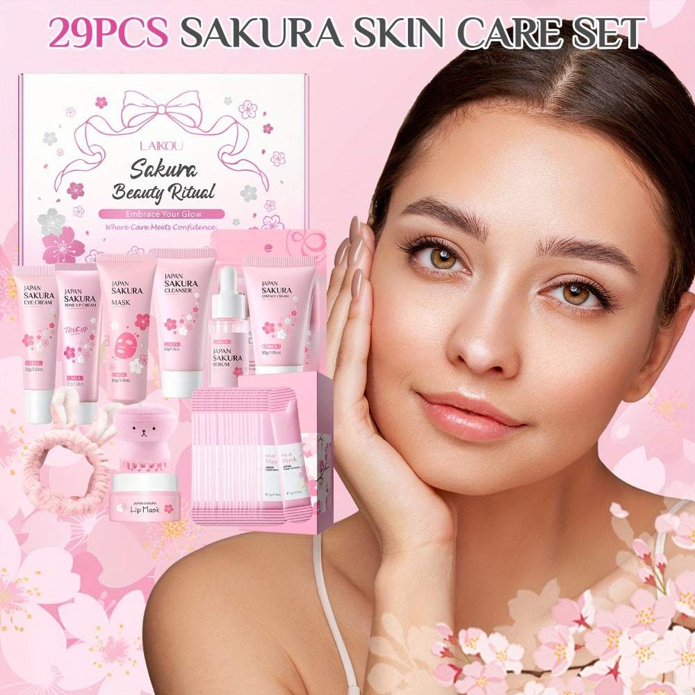 Sakura Skincare Gift Set with Mini and Full Routine Options, Pink Packaged Facial-Care Items and Accessories