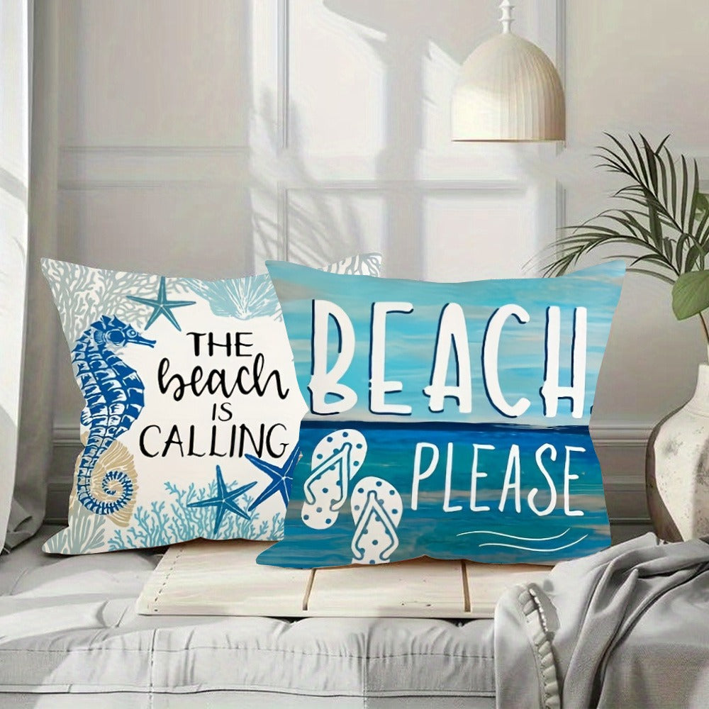 Four-Piece Coastal Pillow Cover Set, 18 x 18 Inches with Palm, Coral, Starfish and Beach Typography Designs